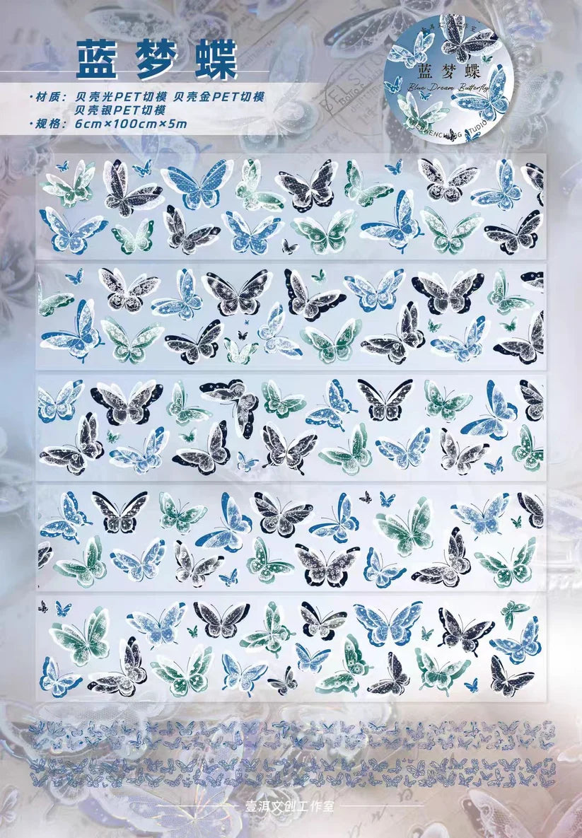 Yier Studio - Blue Dream Butterfly | Shell Light Silver Pre-cut PET Tape
