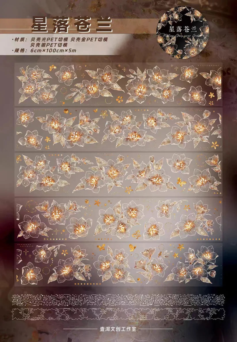 Yier Studio - Falling Stars Over Orchid | Shell Light Gold Pre-cut PET Tape