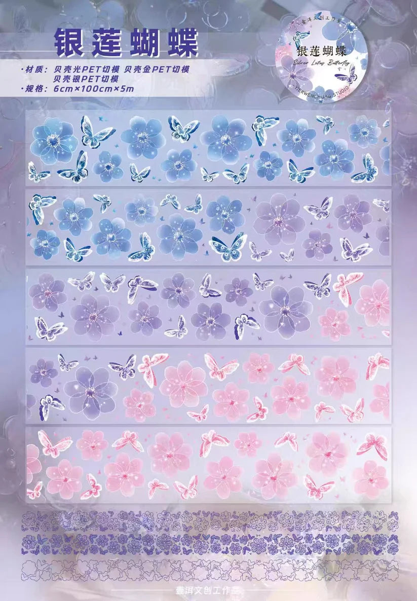 Yier Studio - Silver Lotus Butterfly | Shell Light Silver Pre-cut PET Tape